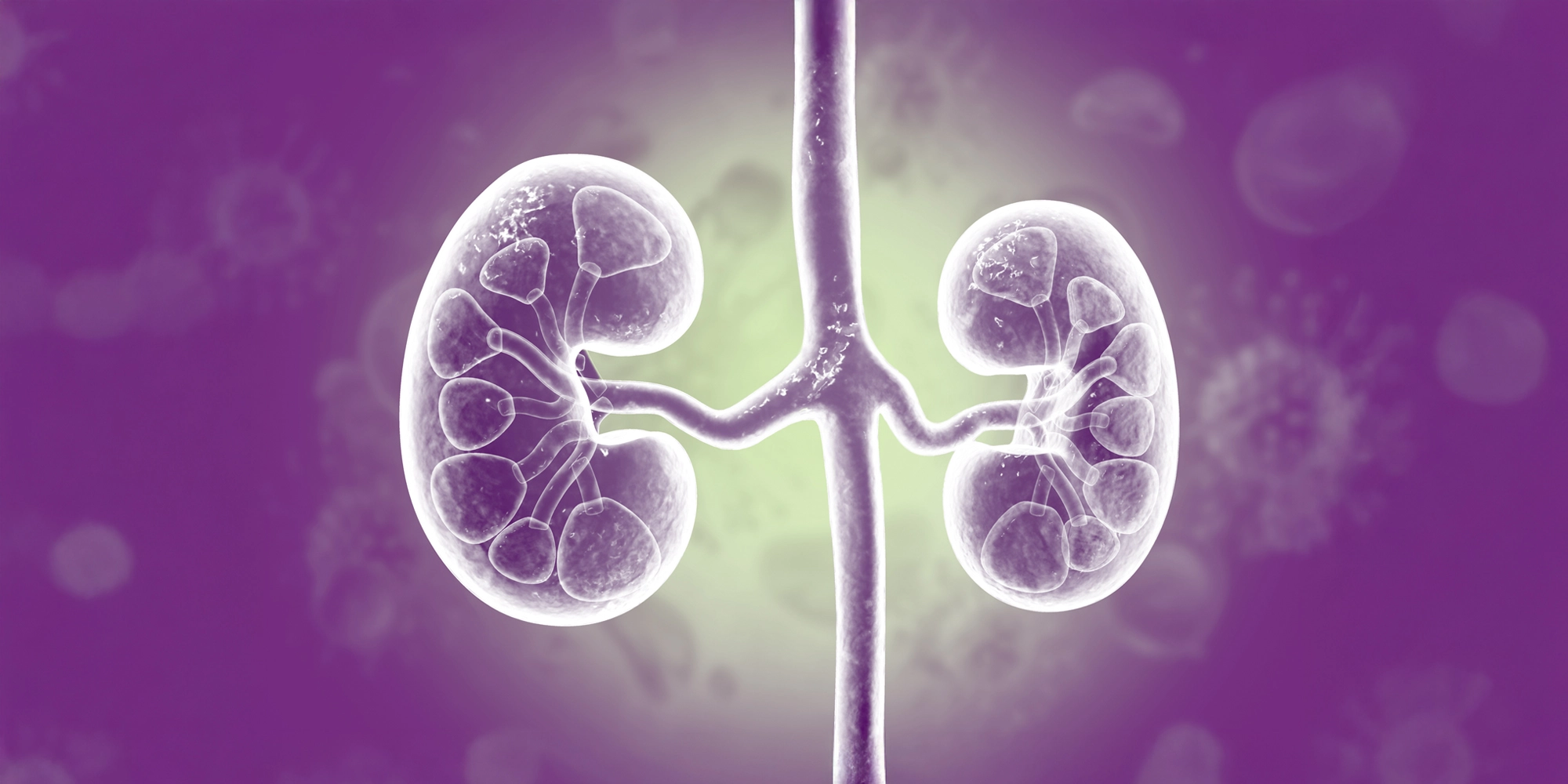 A graphic of a pair of kidneys. The background is purple and there is a green circular highlight behind the kidneys.